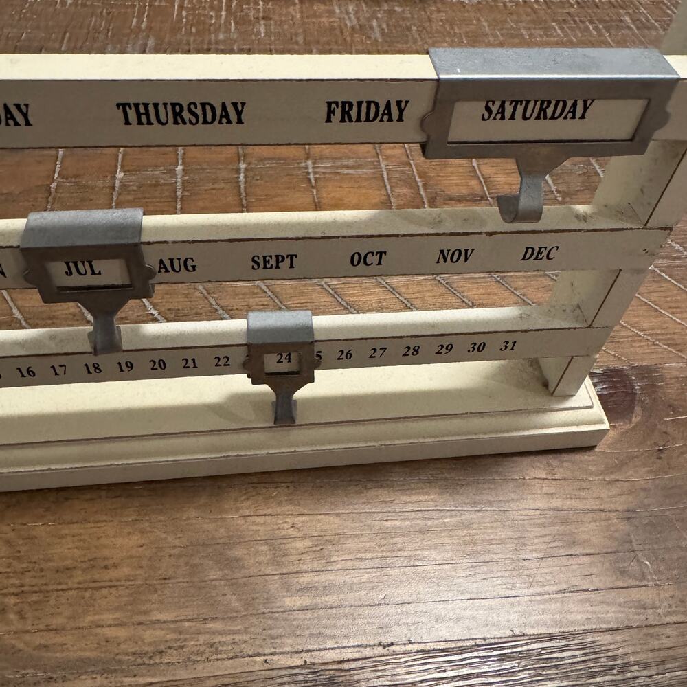 Rustic Wood Perpetual Calendar Farmhouse Sliding Metal Marker Desk Tabletop - Picture 3 of 7